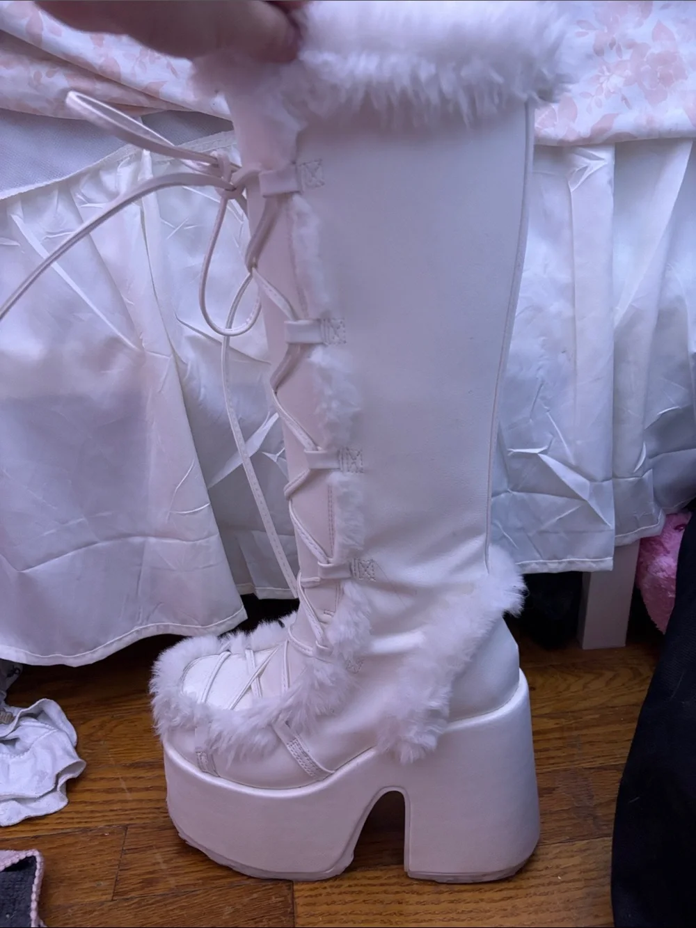 Demonia White Faux-Fur Lace-Up Platform Knee Boots